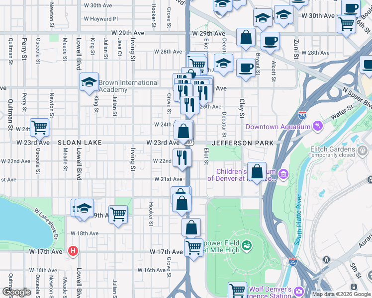 map of restaurants, bars, coffee shops, grocery stores, and more near 2311 Federal Boulevard in Denver