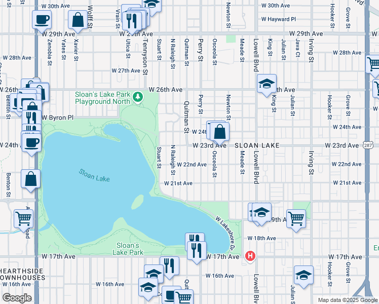 map of restaurants, bars, coffee shops, grocery stores, and more near 2307 Quitman Street in Denver