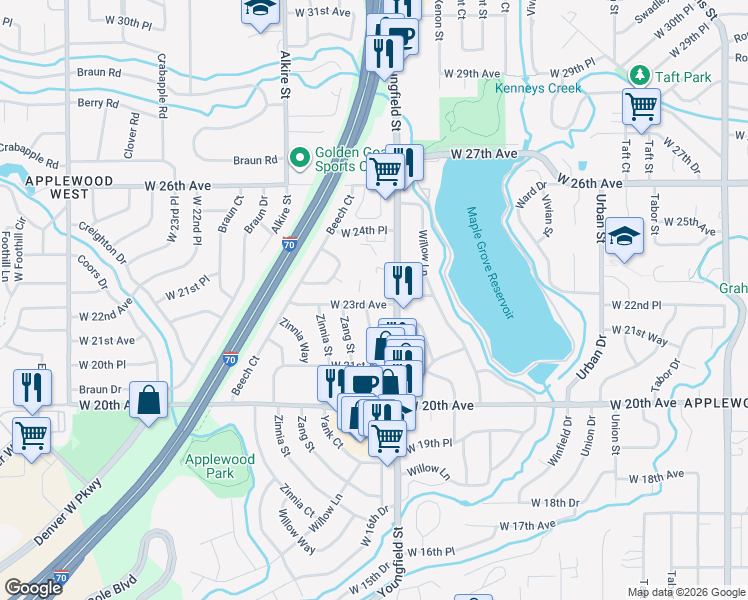 map of restaurants, bars, coffee shops, grocery stores, and more near 2445 Youngfield Street in Golden
