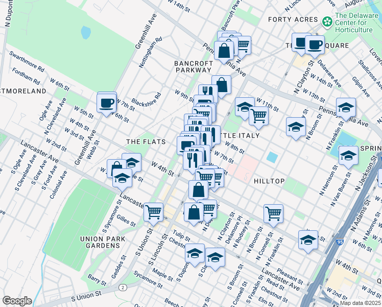 map of restaurants, bars, coffee shops, grocery stores, and more near 701 Delaware 2 in Wilmington