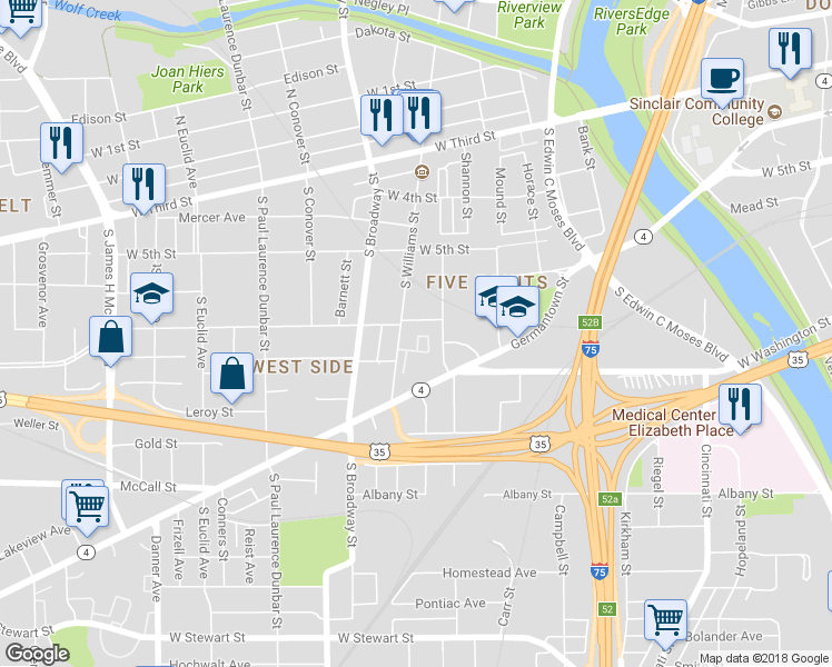 map of restaurants, bars, coffee shops, grocery stores, and more near 163 Hawthorn Street in Dayton