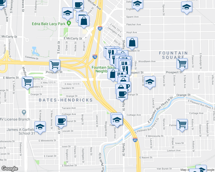 map of restaurants, bars, coffee shops, grocery stores, and more near 945 East Morris Street in Indianapolis