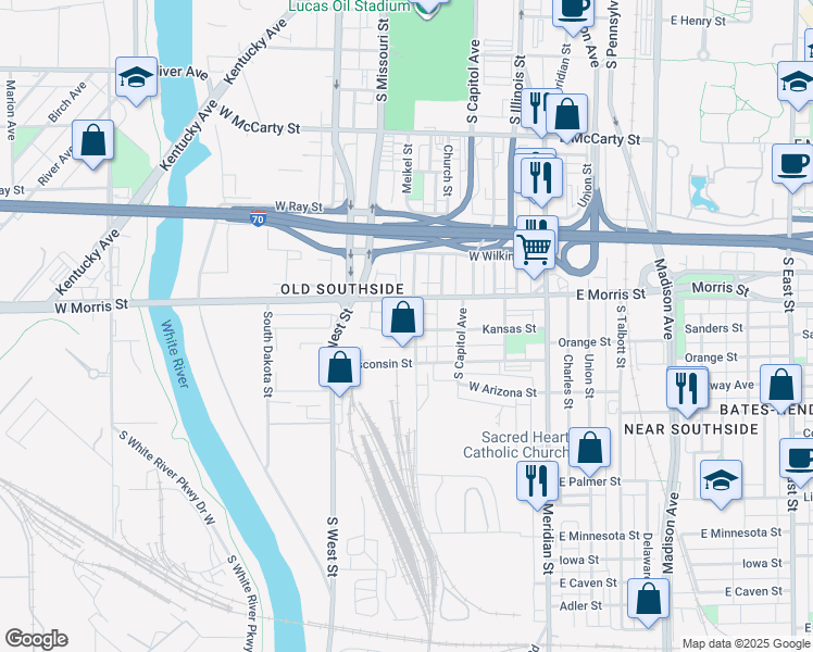 map of restaurants, bars, coffee shops, grocery stores, and more near 303 West Morris Street in Indianapolis