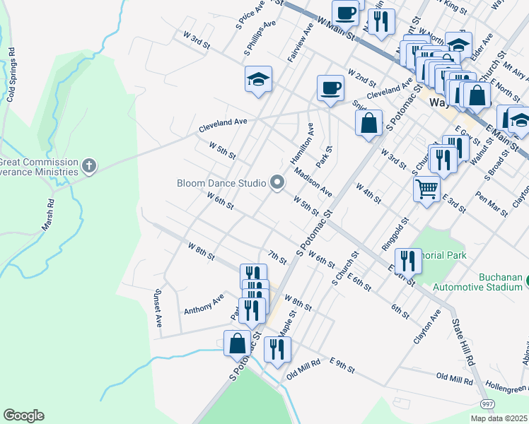 map of restaurants, bars, coffee shops, grocery stores, and more near 435 Hamilton Avenue in Waynesboro