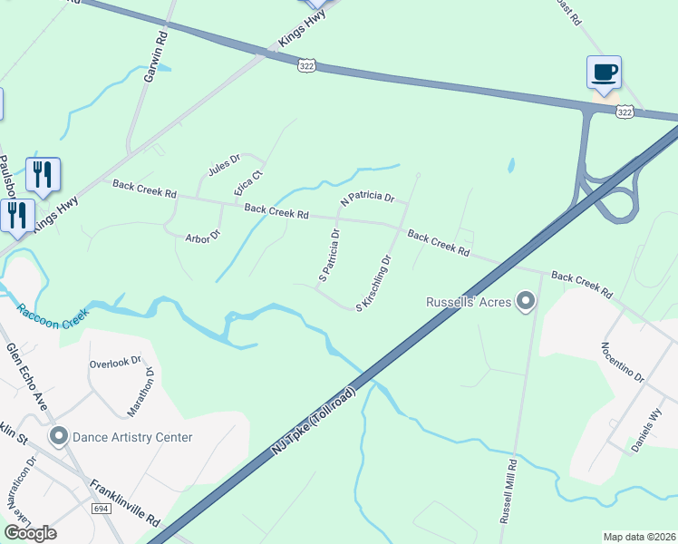 map of restaurants, bars, coffee shops, grocery stores, and more near 170 South Patricia Drive in Woolwich Township