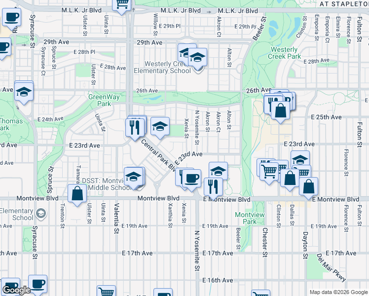 map of restaurants, bars, coffee shops, grocery stores, and more near 2321 Xenia Street in Denver