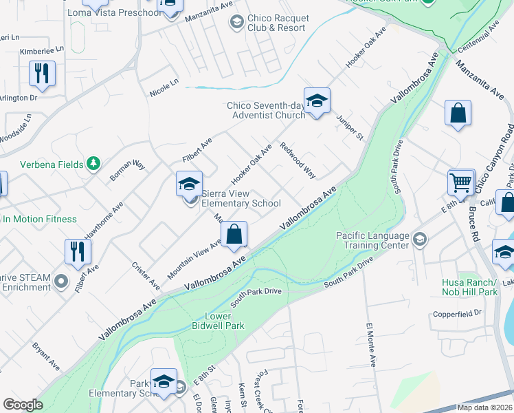 map of restaurants, bars, coffee shops, grocery stores, and more near 6 Doris Way in Chico