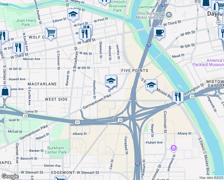 map of restaurants, bars, coffee shops, grocery stores, and more near 354 Mound Street in Dayton