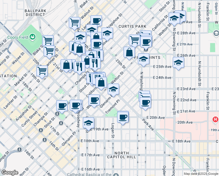 map of restaurants, bars, coffee shops, grocery stores, and more near 2260 California Street in Denver