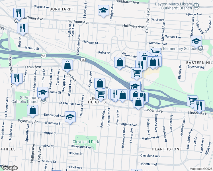 map of restaurants, bars, coffee shops, grocery stores, and more near 1400 Jordan Avenue in Dayton