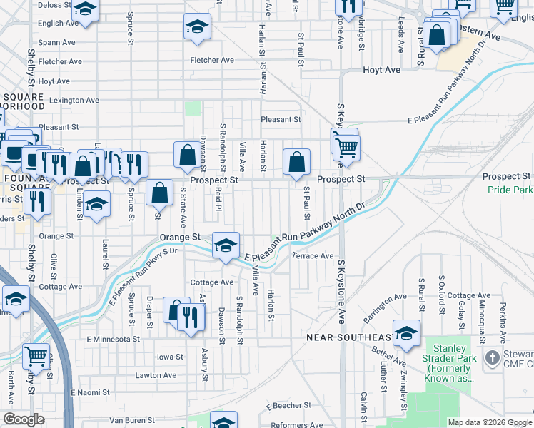 map of restaurants, bars, coffee shops, grocery stores, and more near 1130 Harlan Street in Indianapolis
