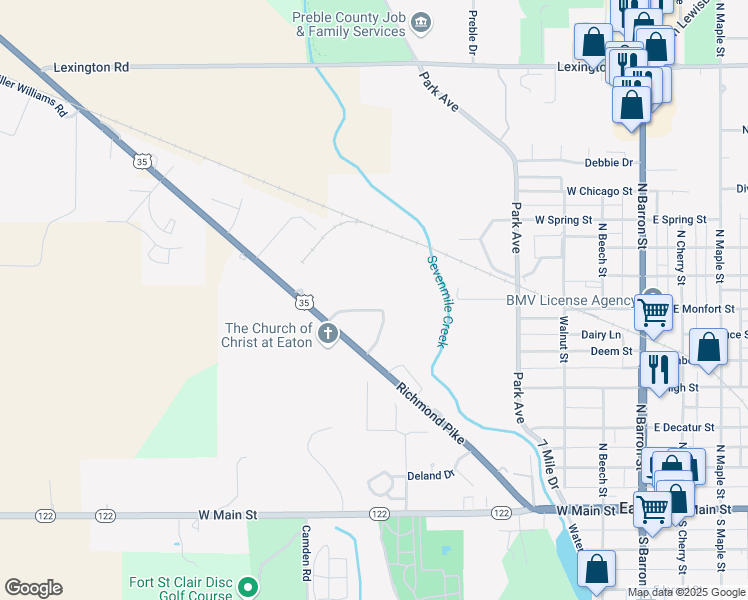 map of restaurants, bars, coffee shops, grocery stores, and more near 136 Woodland Drive in Eaton