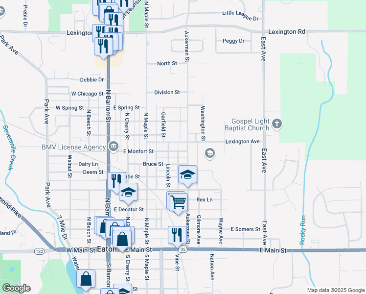 map of restaurants, bars, coffee shops, grocery stores, and more near 801 Aukerman Street in Eaton