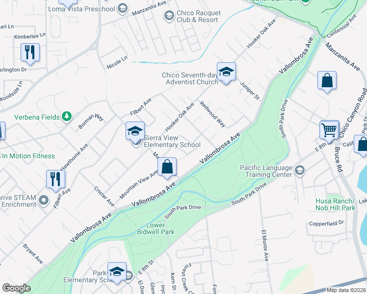 map of restaurants, bars, coffee shops, grocery stores, and more near 6 Doris Way in Chico