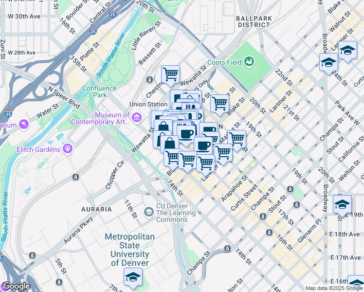 map of restaurants, bars, coffee shops, grocery stores, and more near 1601 Wazee Street in Denver