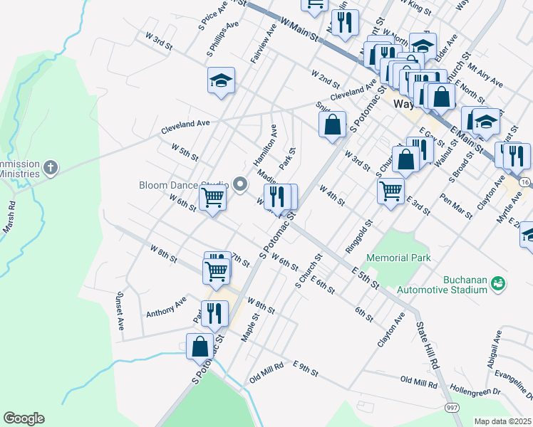 map of restaurants, bars, coffee shops, grocery stores, and more near 122 West 5th Street in Waynesboro