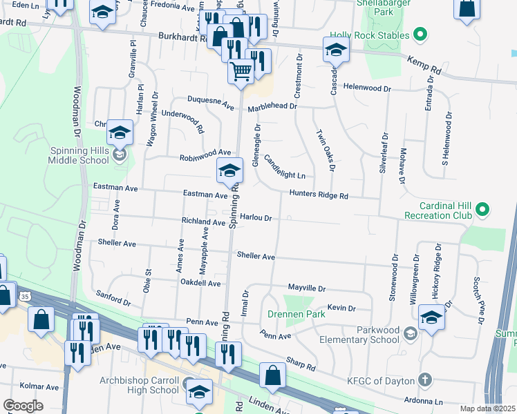 map of restaurants, bars, coffee shops, grocery stores, and more near 5506 Snowbank Court in Riverside