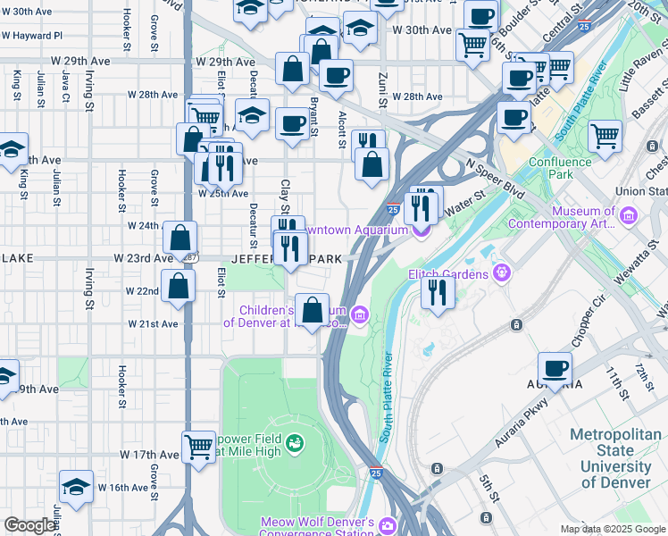 map of restaurants, bars, coffee shops, grocery stores, and more near 2018 North Bryant Street in Denver