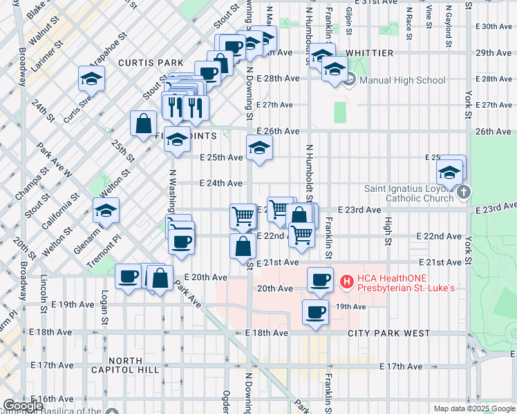 map of restaurants, bars, coffee shops, grocery stores, and more near 2334 North Downing Street in Denver