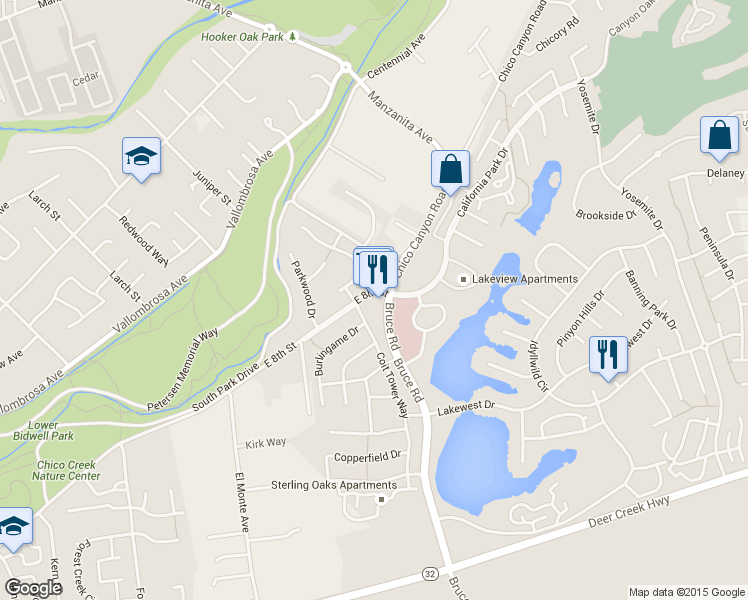 map of restaurants, bars, coffee shops, grocery stores, and more near 800 Bruce Road in Chico