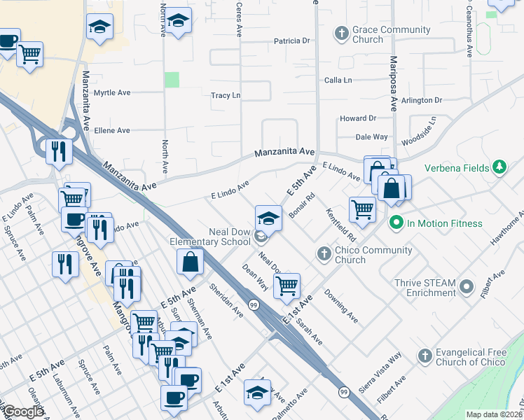 map of restaurants, bars, coffee shops, grocery stores, and more near 1516 Downing Avenue in Chico