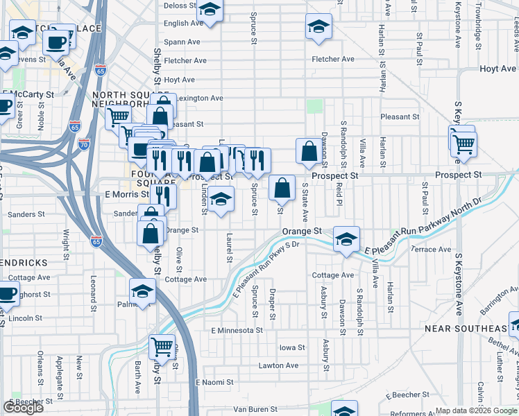 map of restaurants, bars, coffee shops, grocery stores, and more near 1125 Spruce Street in Indianapolis