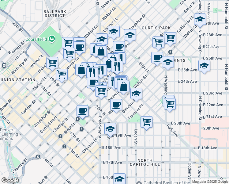 map of restaurants, bars, coffee shops, grocery stores, and more near 2215 California Street in Denver