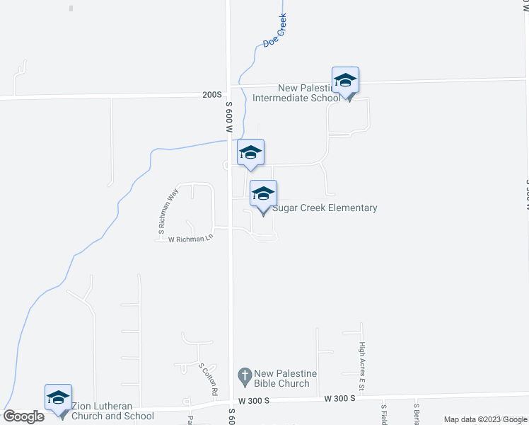 map of restaurants, bars, coffee shops, grocery stores, and more near 2337 South 600 West in New Palestine