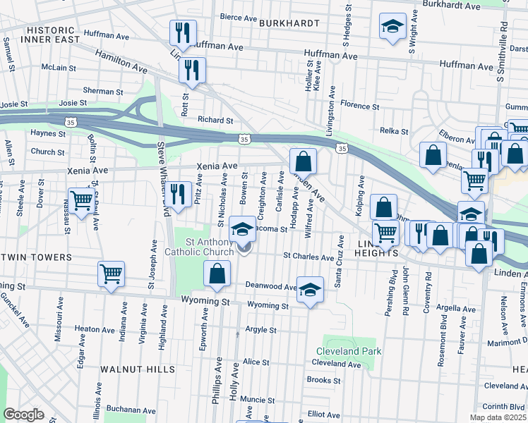 map of restaurants, bars, coffee shops, grocery stores, and more near 642 Creighton Avenue in Dayton