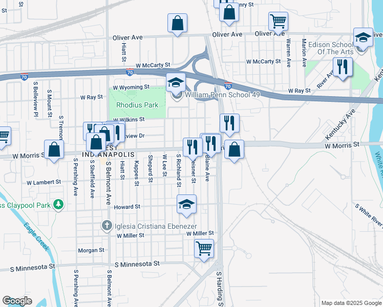 map of restaurants, bars, coffee shops, grocery stores, and more near 1710 West Morris Street in Indianapolis
