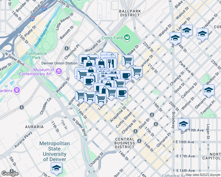 map of restaurants, bars, coffee shops, grocery stores, and more near 1331 17th Street in Denver