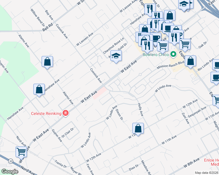 map of restaurants, bars, coffee shops, grocery stores, and more near 2 Pebblewood Pines Drive in Chico