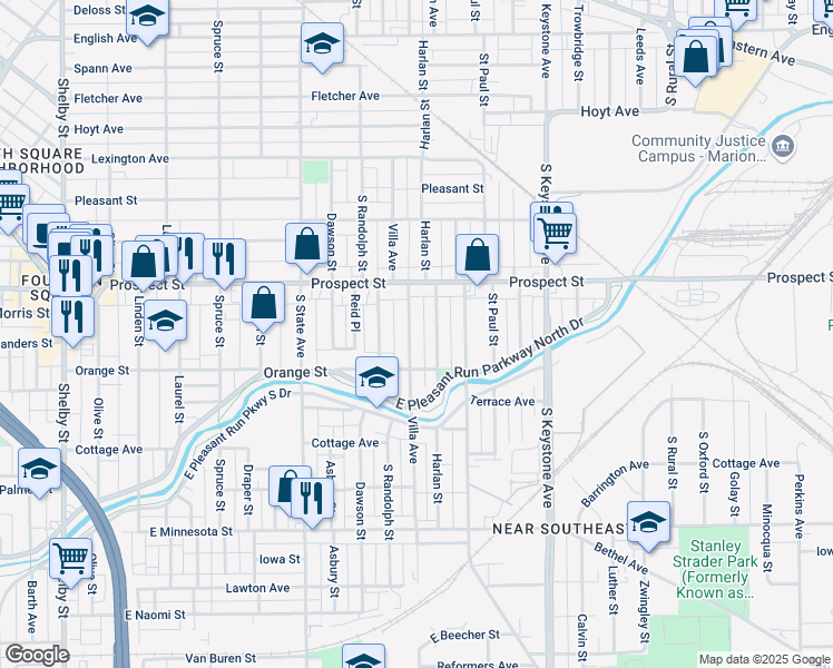 map of restaurants, bars, coffee shops, grocery stores, and more near 1157 Villa Avenue in Indianapolis