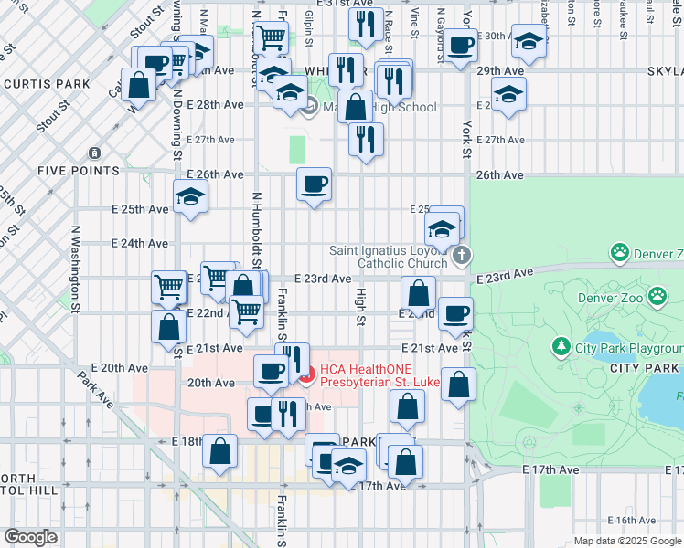 map of restaurants, bars, coffee shops, grocery stores, and more near 2336 North Williams Street in Denver