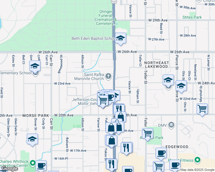 map of restaurants, bars, coffee shops, grocery stores, and more near 2275 Wadsworth Boulevard in Lakewood