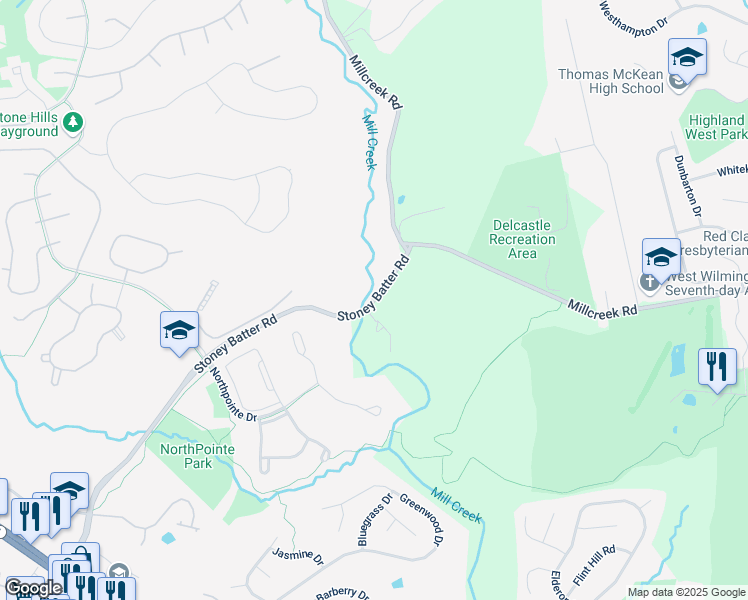 map of restaurants, bars, coffee shops, grocery stores, and more near Stoney Batter Road in Wilmington