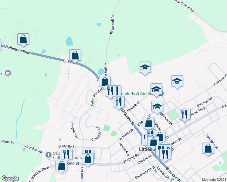 map of restaurants, bars, coffee shops, grocery stores, and more near 23 Carroll Street in Littlestown