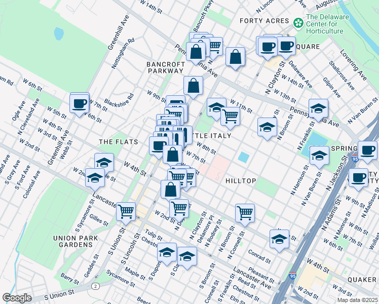 map of restaurants, bars, coffee shops, grocery stores, and more near 1811 West 7th Street in Wilmington