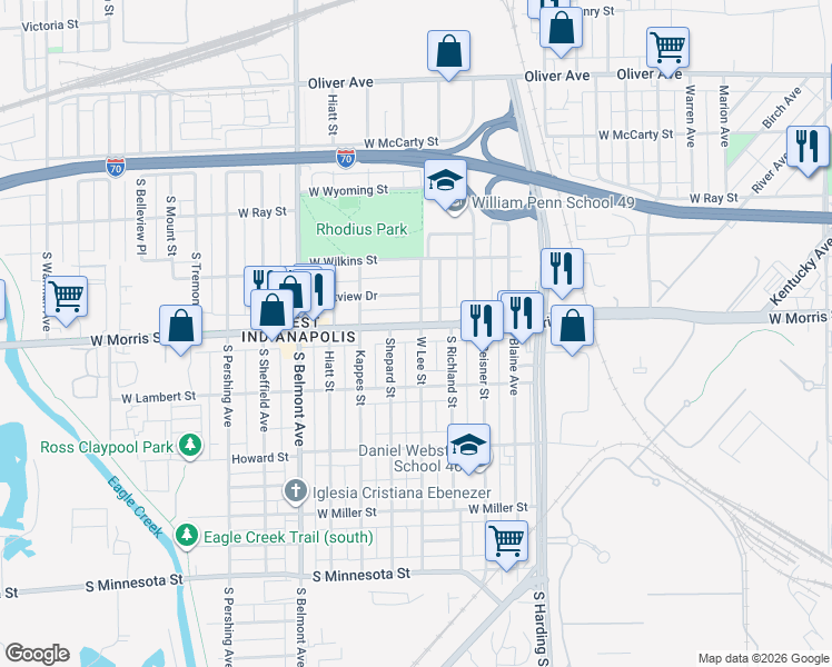map of restaurants, bars, coffee shops, grocery stores, and more near 1744 West Morris Street in Indianapolis