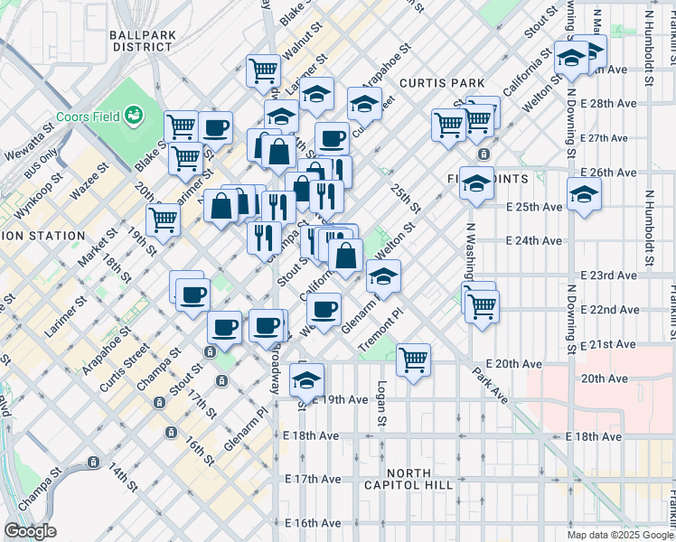 map of restaurants, bars, coffee shops, grocery stores, and more near 2215 California Street in Denver