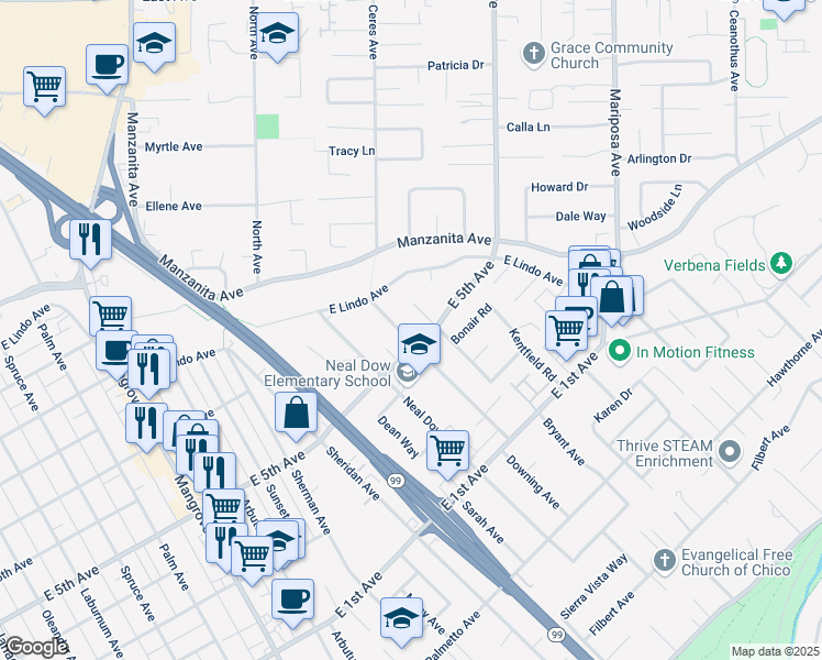 map of restaurants, bars, coffee shops, grocery stores, and more near 1516 Downing Avenue in Chico