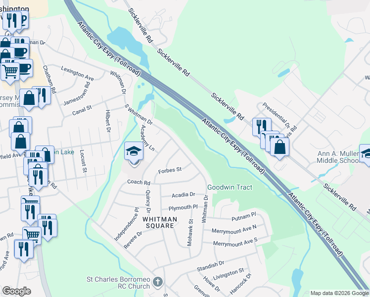 map of restaurants, bars, coffee shops, grocery stores, and more near 509 Whitman Drive in Washington Township