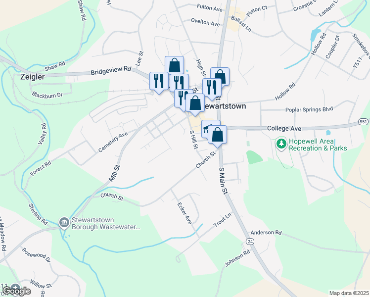 map of restaurants, bars, coffee shops, grocery stores, and more near 14-18 North Hill Street in Stewartstown