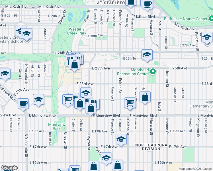 map of restaurants, bars, coffee shops, grocery stores, and more near 2324 Elmira Street in Aurora