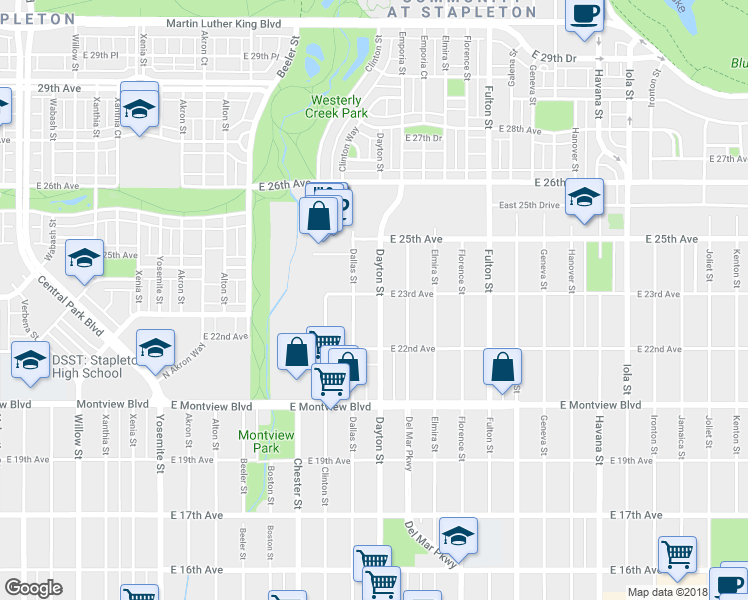 map of restaurants, bars, coffee shops, grocery stores, and more near 2302 Dayton Street in Aurora
