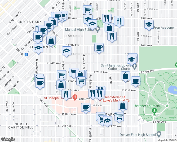 map of restaurants, bars, coffee shops, grocery stores, and more near 2341 Franklin Street in Denver