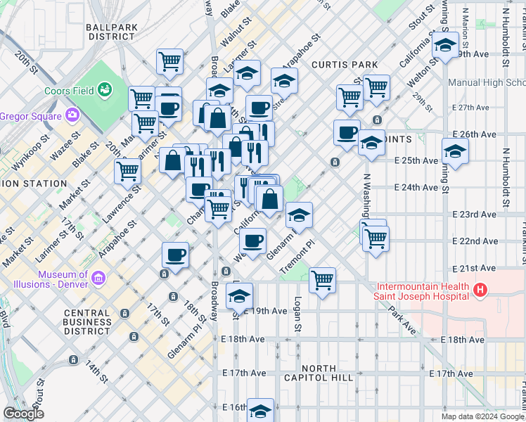 map of restaurants, bars, coffee shops, grocery stores, and more near 2215 California Street in Denver