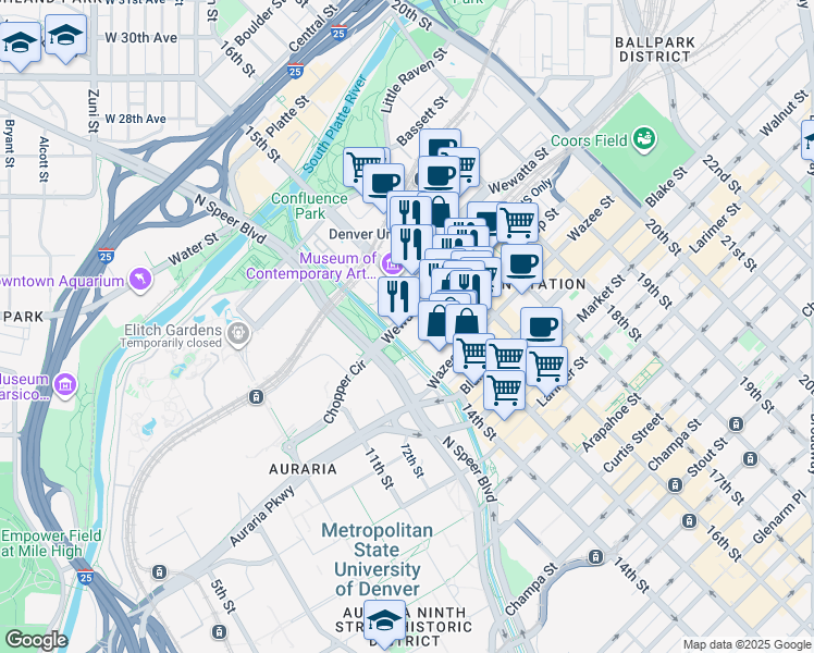 map of restaurants, bars, coffee shops, grocery stores, and more near in Denver