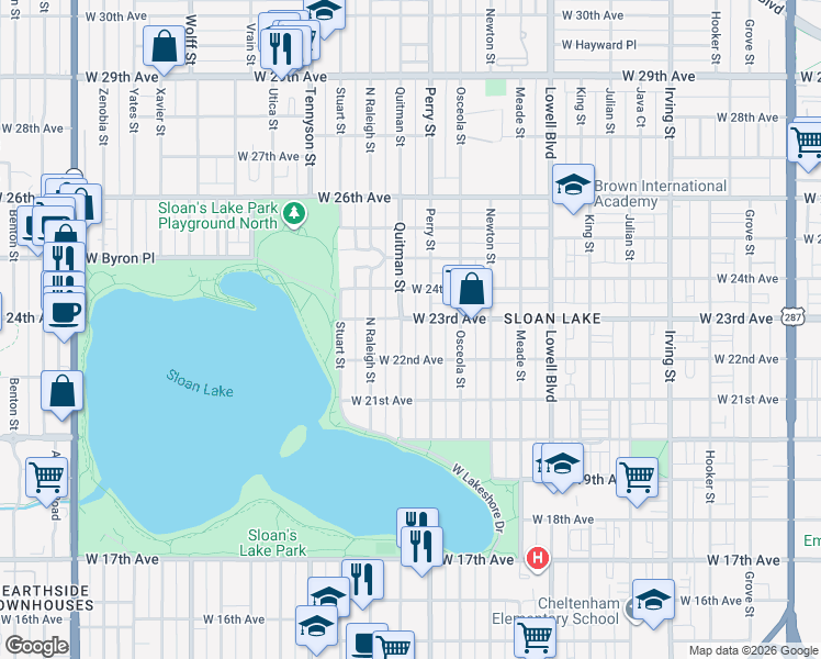 map of restaurants, bars, coffee shops, grocery stores, and more near 2307 Quitman Street in Denver