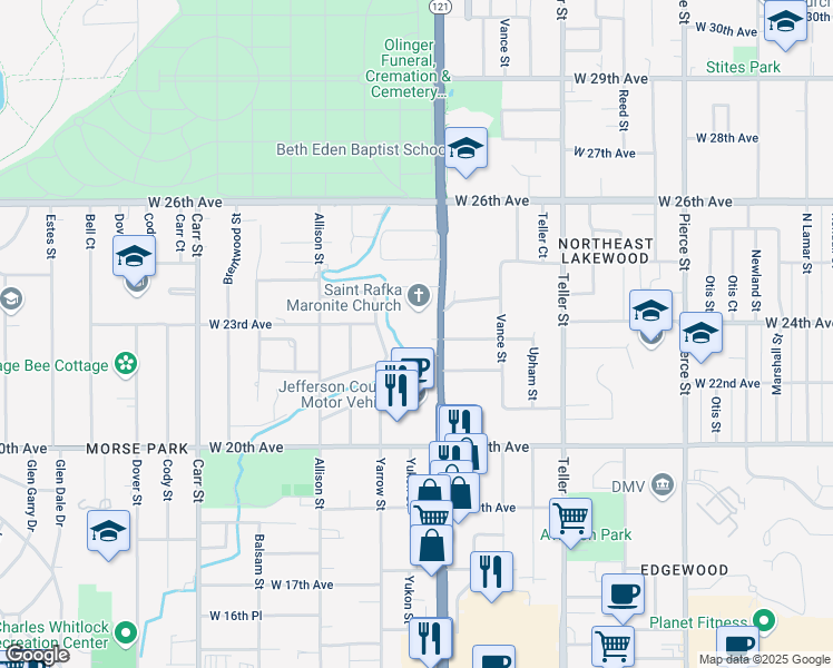 map of restaurants, bars, coffee shops, grocery stores, and more near 2301 Wadsworth Boulevard in Lakewood